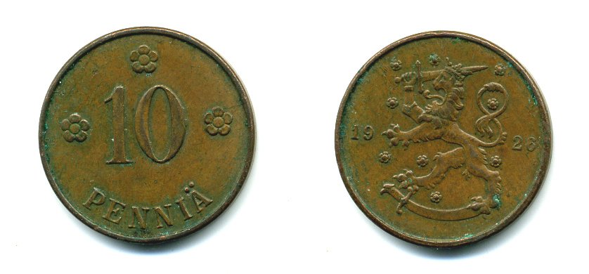 Финляндия 10 пенни 1926 республика (1918-1962) KM 24 медь 46-1525