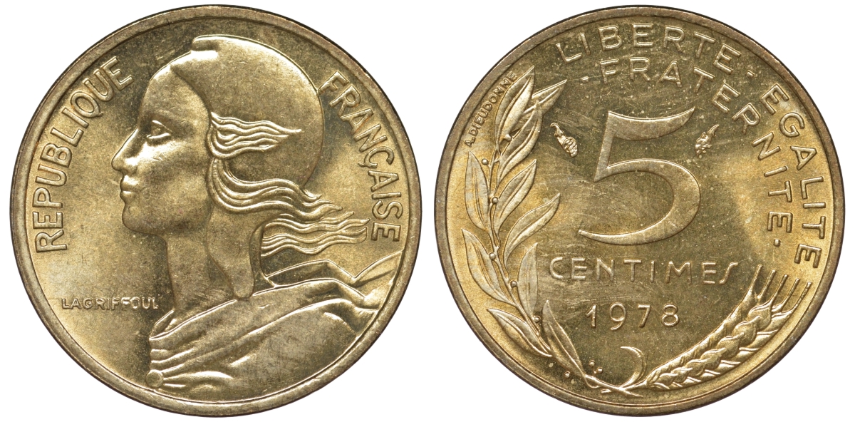 Франция 5 сантимов 1978 KM 933 медь алюминий никель 4596-338
