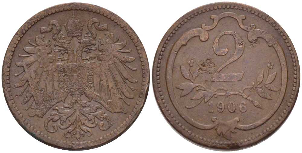 АВСТРИЯ 2 ГЕЛЛЕРА 1906 ФРАНЦ ИОСИФ (1846-1918) KM 2801 бронза 201-328