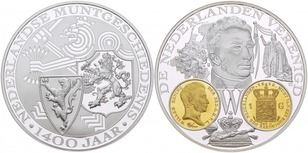 НИДЕРЛАНДЫ МЕДАЛЬ 1400 ЛЕТ НИДЕРЛАНДСКОМУ МОНЕТНОМУ ДЕЛУ , МОНЕТЫ ЭПОХИ ВИЛЬГЕЛЬМА серебро позолота PROOF 04-092-42