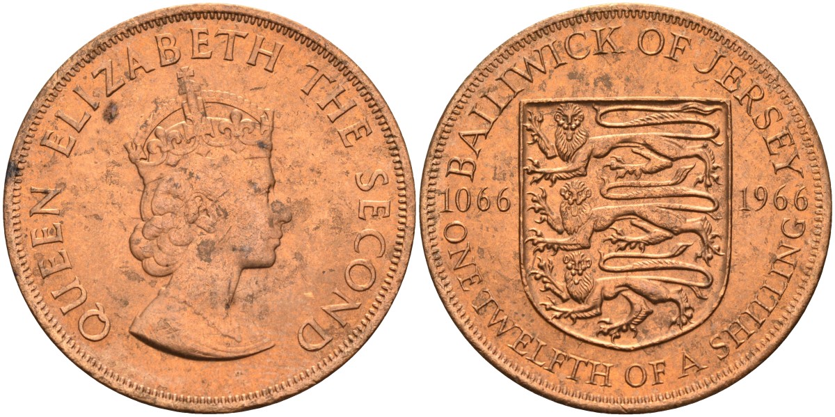 Джерси 1/12 шиллинга 1966 900 лет Нормандскому завоеванию KM 26 бронза UNC 4367-346