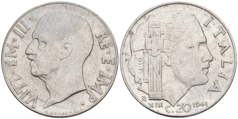 ИТАЛИЯ 20 ЧЕНТЕЗИМО 1941 R, ГОД XIX, ВИКТОР ЭММАНУИЛ III (1900-1946) KM 75b, VEM3. 1028 нержавеющая сталь 3853-737