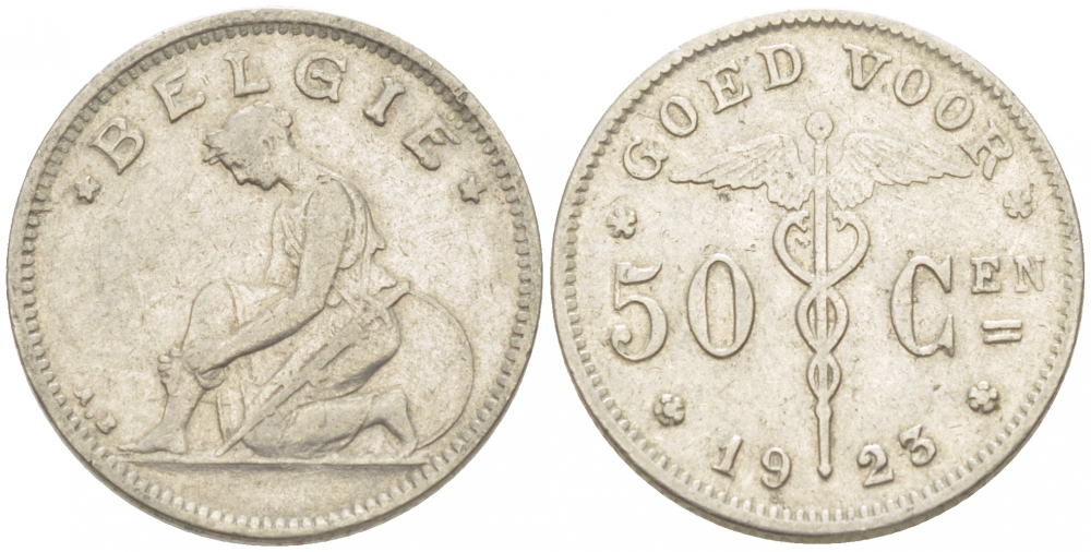 БЕЛЬГИЯ 50 САНТИМОВ 1923 BELGIE KM 88 никель 261-1647
