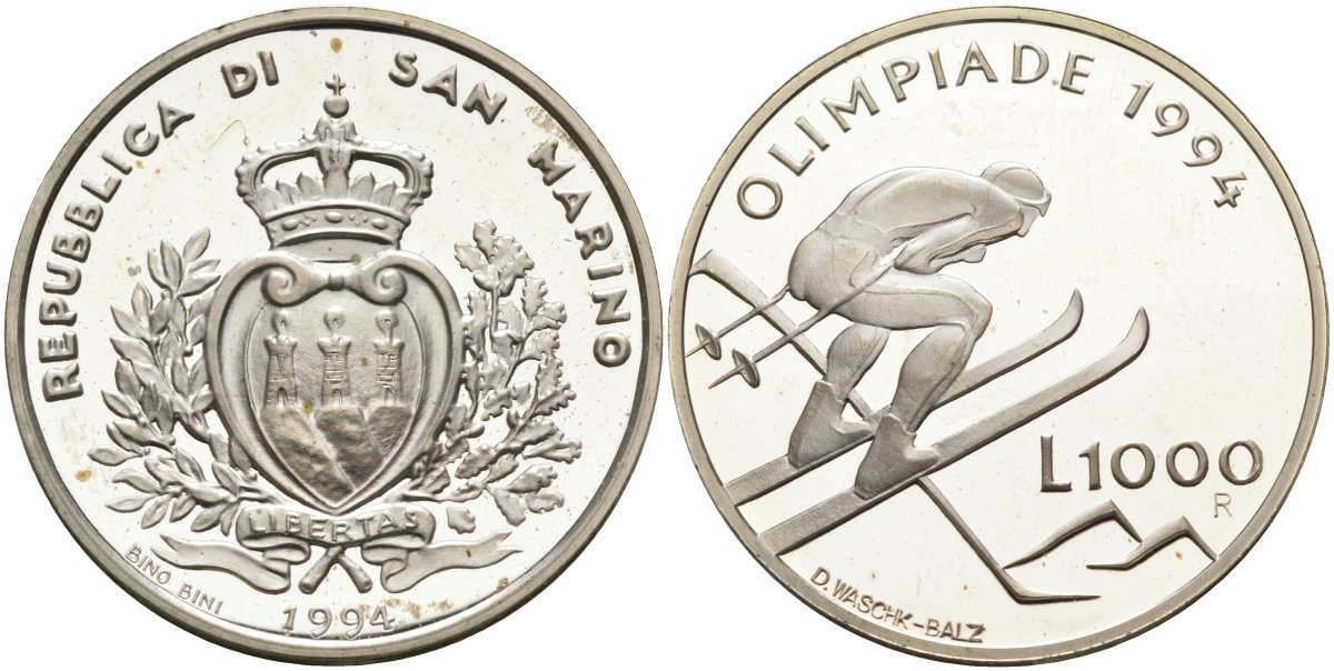 Сан-Марино 1000 лир 1994 XVII зимние Олимпийские игры в Лиллехаммере, слалом KM 316 серебро PROOF 1096-3-65