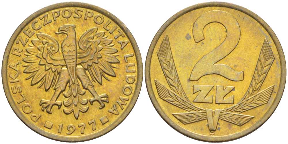 ПОЛЬША 2 ЗЛОТЫХ 1977 ЛЕНИНГРАДСКИЙ МОНДВОР KM 80.1 латунь aUNC 58-243