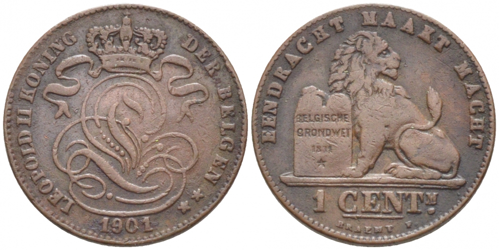 БЕЛЬГИЯ 1 САНТИМ 1901 BELGEN KM 34.1 медь 105-925