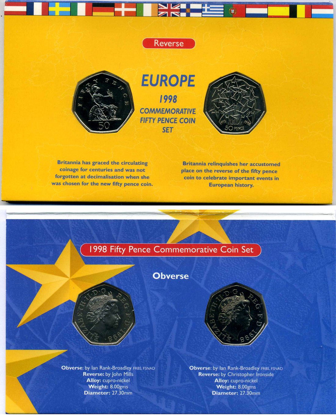 Великобритания набор из 2 монет по 50 пенсов 1998 Елизавета II (1952-2022), 25 лет присоединению Великобритании к Евросоюзу, в оригинальном буклете KM 991, 992, Spink 4610, 4611 медно-никель BUNC 00-00