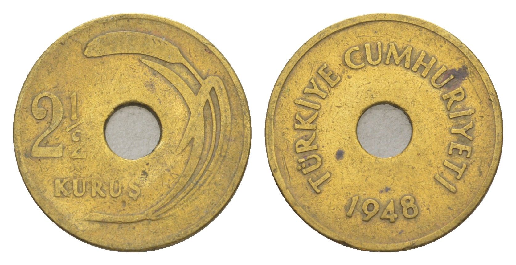 Турция 2 1/2 куруша 1948 KM 885 латунь 4647-468