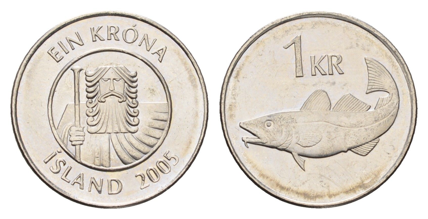 Исландия 1 крона 2005 треска KM 27a сталь плакированная никелем UNC 4687-858