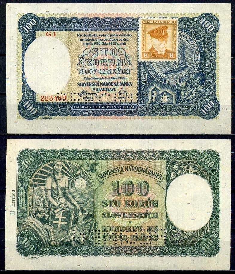 Чехословакия 100 крон 1940 (1945) Образец, SPECIMEN, с маркой. Принц Прибина, 2 эмиссия Pick 52 a бумага UNC (пресс) 451-1095-2