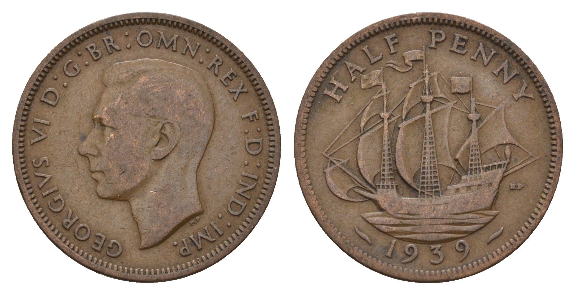Великобритания 1/2 пенни 1939 Георг VI (1936-1952) KM 844, Spink 4115 бронза 4675-415