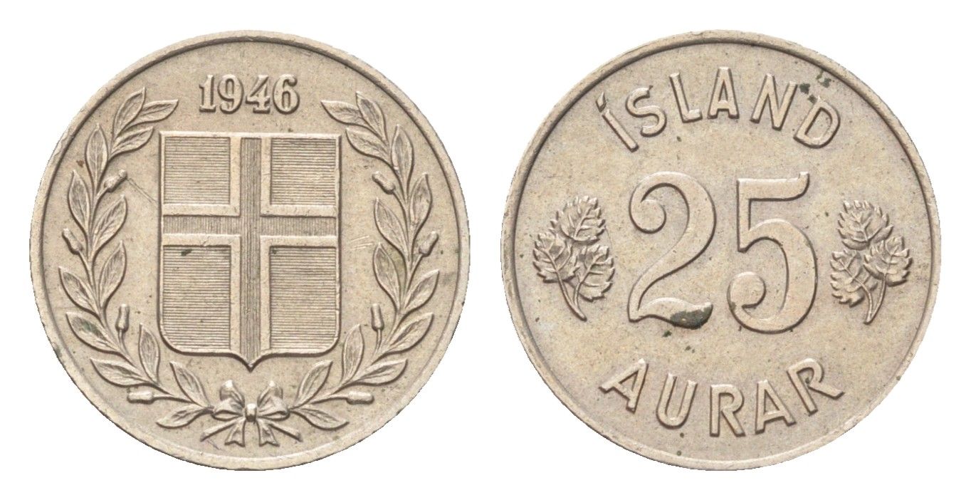 Исландия 25 эйре 1946 KM 11 медно-никель 4705-542