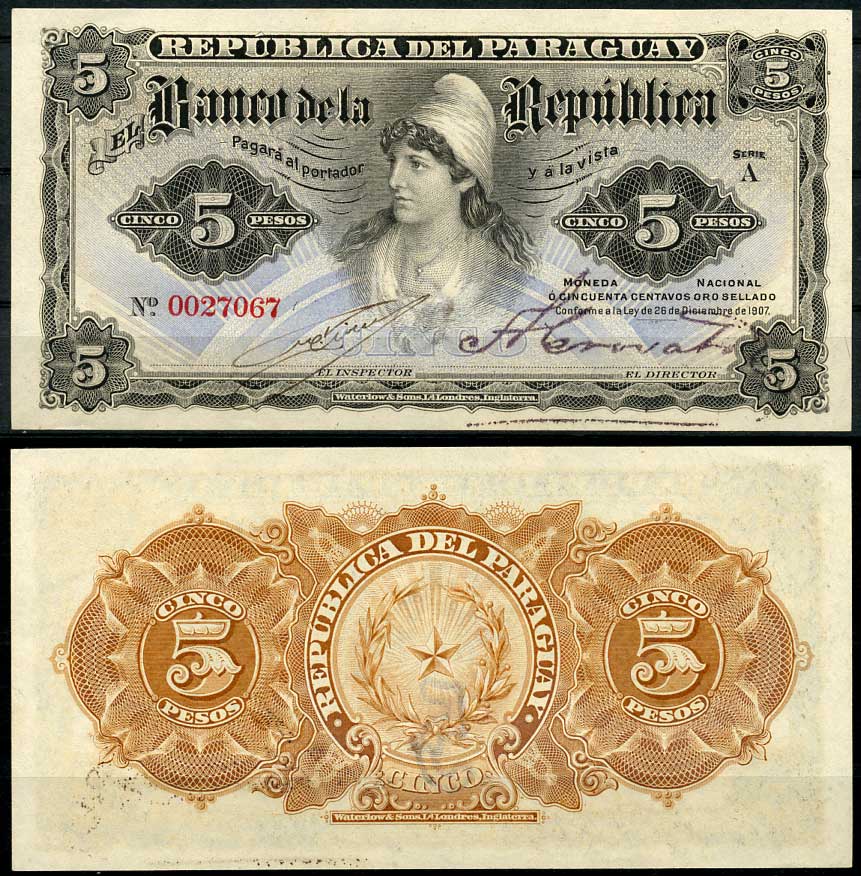 Парагвай 5 песо 1907 свобода, Viveros и Angel Crovatto Pick 156 a (1)  бумага  aUNC 451-699-2