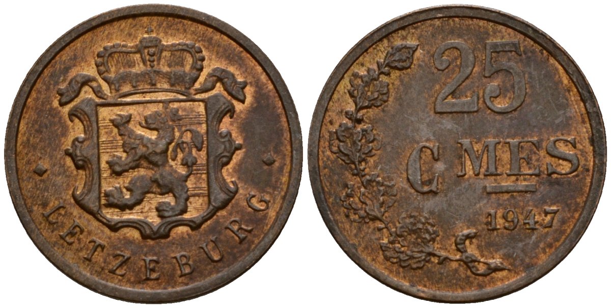 Люксембург 25 сантимов 1947 Шарлотта (1918-1964) KM 45 бронза 4532-628