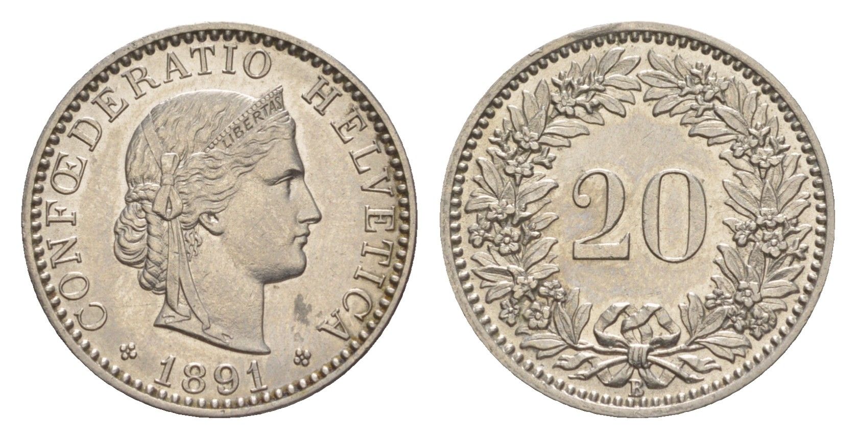 Швейцария 20 раппенов 1891 KM 29 никель aUNC 4632-463