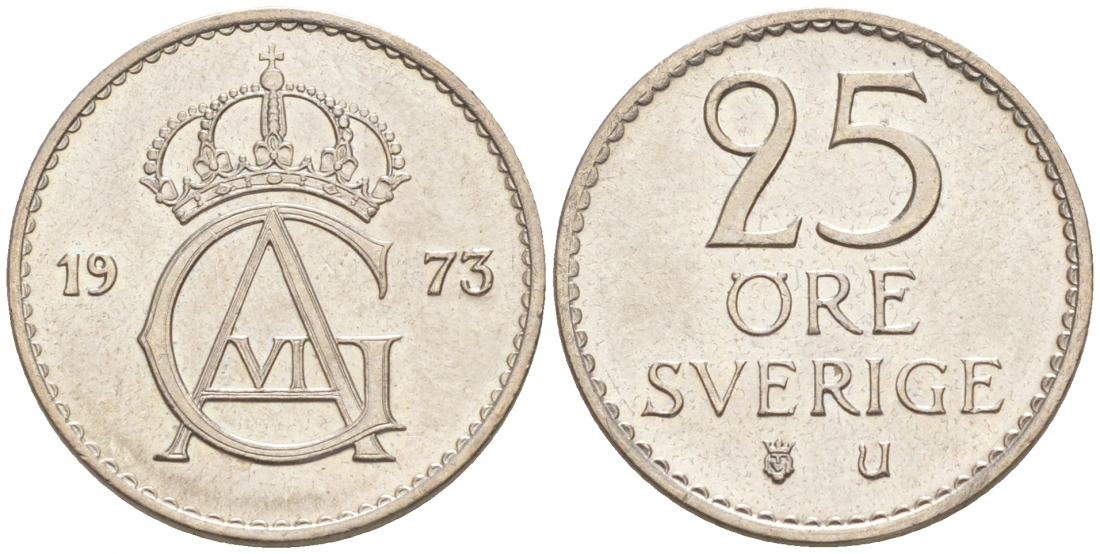 Швеция 25 эре 1973 U, Густав VI Адольф (1950-1973) KM 836 медно-никель UNC 44-118