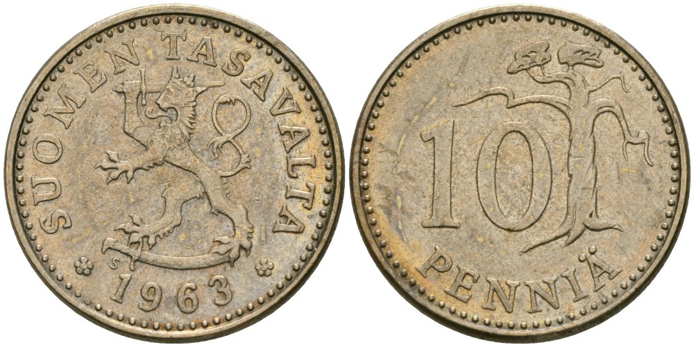 Финляндия 10 пенни 1963 KM 46 алюминиевая бронза 4576-1025
