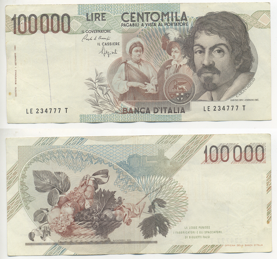 Италия 100000 лир 1983 Караваджо, фруктовый букет, подпись Stevani Pick 110а бумага 7220-3-3