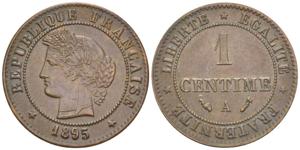 ФРАНЦИЯ 1 САНТИМ 1895 А, ТРЕТЬЯ РЕСПУБЛИКА (1871-1940) KM 826.1, LE FRANC 104.22 бронза 201-837