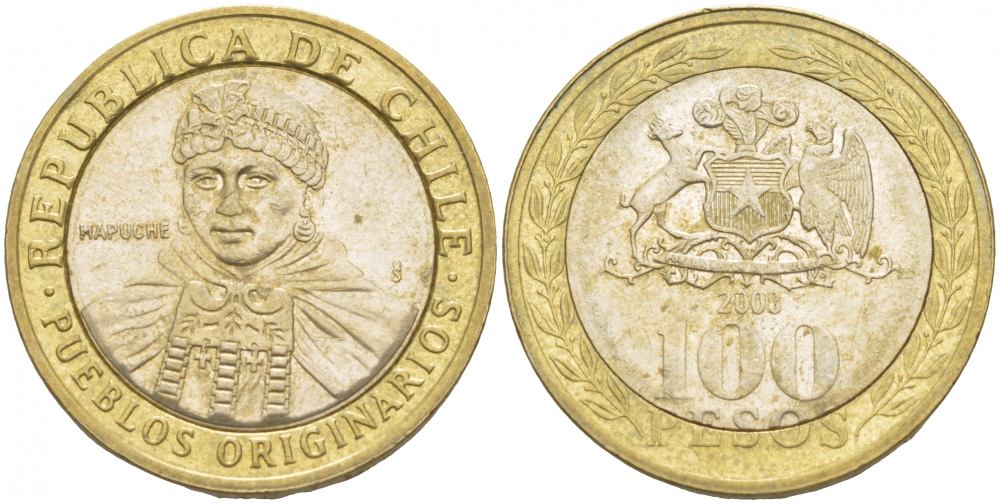 Чили 100 песо 2008 индейцы Мапуче KM 236 биметалл 4541-123
