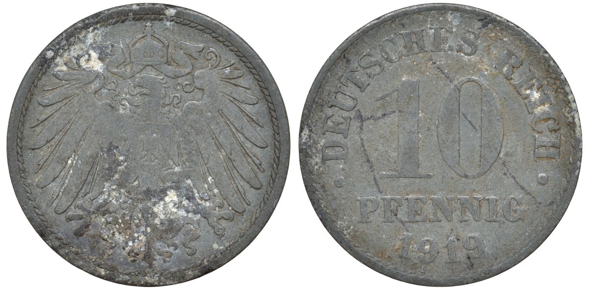 Германия 10 пфеннигов 1919 KM 26, J. 199 цинк 4132-457