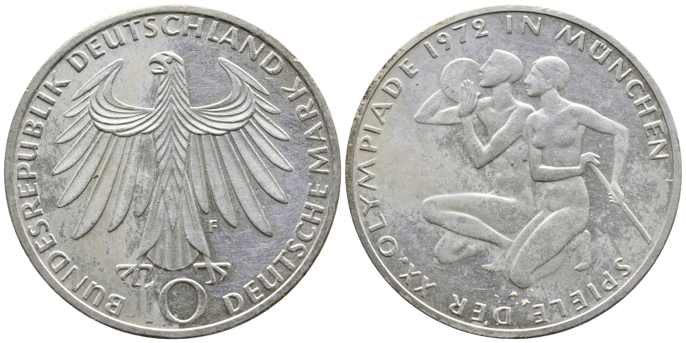 ФРГ 10 марок 1972 F, XX летние Олимпийские Игры, Мюнхен 1972, спортсмены KM 132, J.403 серебро UNC 443-344