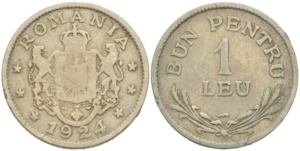 Румыния 1 лей 1924 Фердинанд I (1914-1927) KM 46 медно-никель 217-142