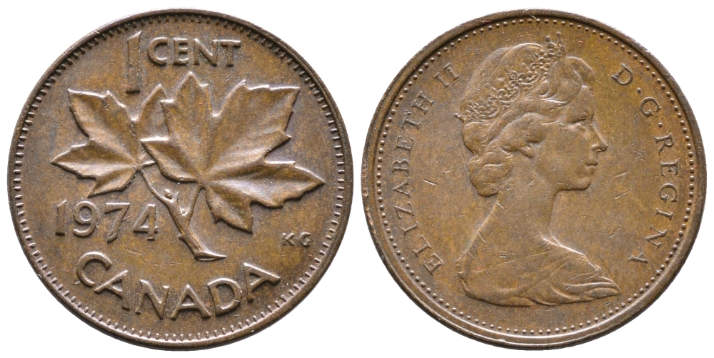 Канада 1 цент 1974 Елизавета II (1952-2022), кленовый лист KM 59.1 бронза 177-1235