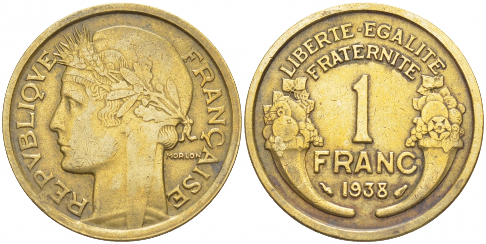 ФРАНЦИЯ 1 ФРАНК 1938 ТИП MORLON KM 885, LE FRANC 219.9 алюминиевая бронза 4402-853