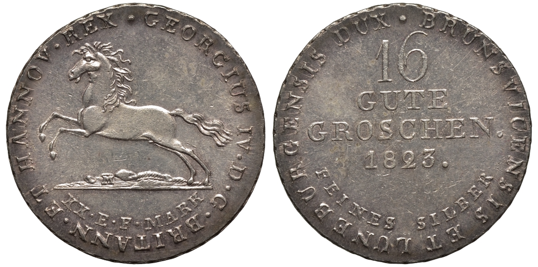 Брауншвейг-Каленберг-Ганновер 16 гутергрошенов 1823 король Георг IV (1820-1830) J 23 g, AKS 37 серебро  aUNC  11-119-17
