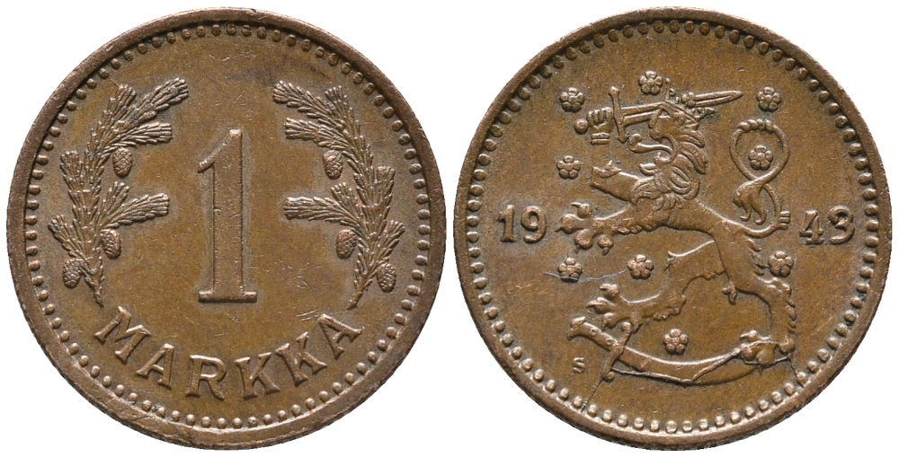 ФИНЛЯНДИЯ 1 МАРКА 1943 KM 30а медь 34-1046