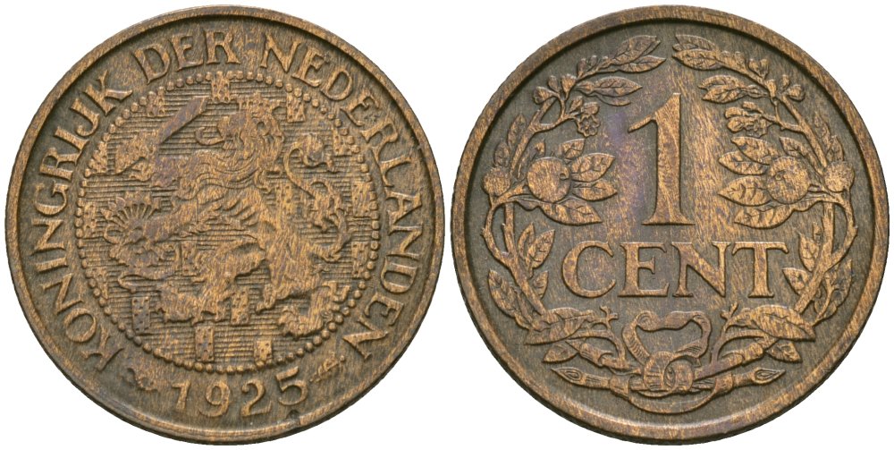 Нидерланды 1 цент 1925 Вильгельмина (1890-1948) KM 152 бронза 4576-1058