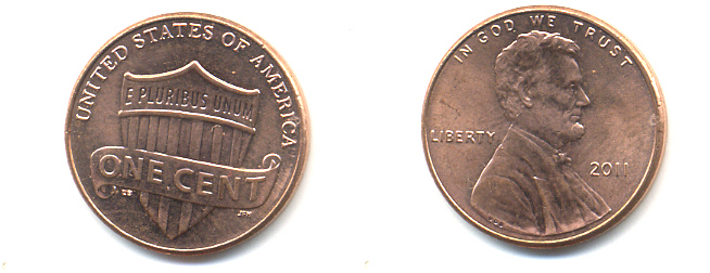 США 1 ЦЕНТ 2011 ЛИНКОЛЬН, ЩИТ KM 469 цинк плакированный медью 86-359