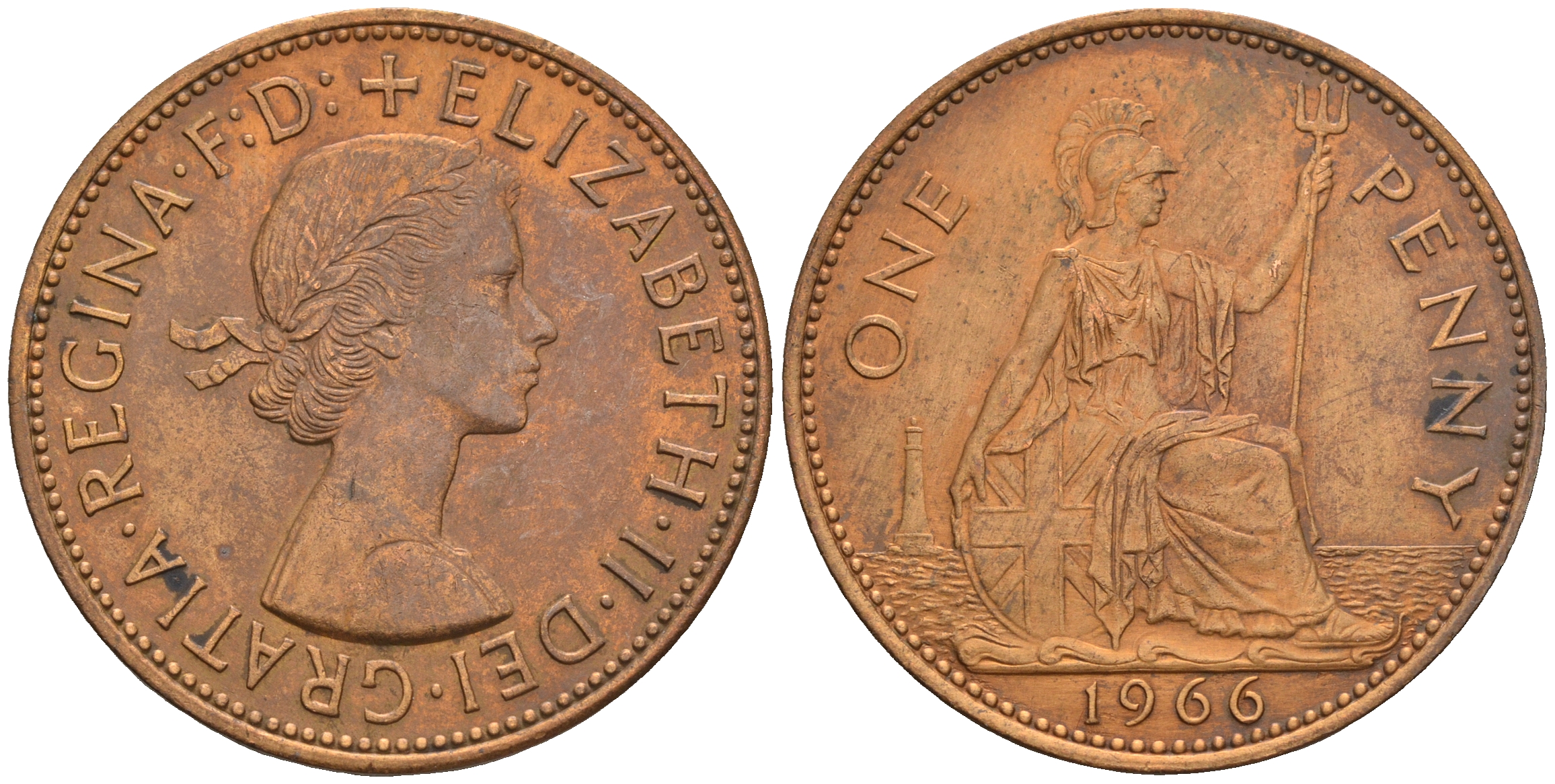 Великобритания 1 пенни 1966 Елизавета II (1952-2022) KM 897, Spink 4157 бронза 4607-1246