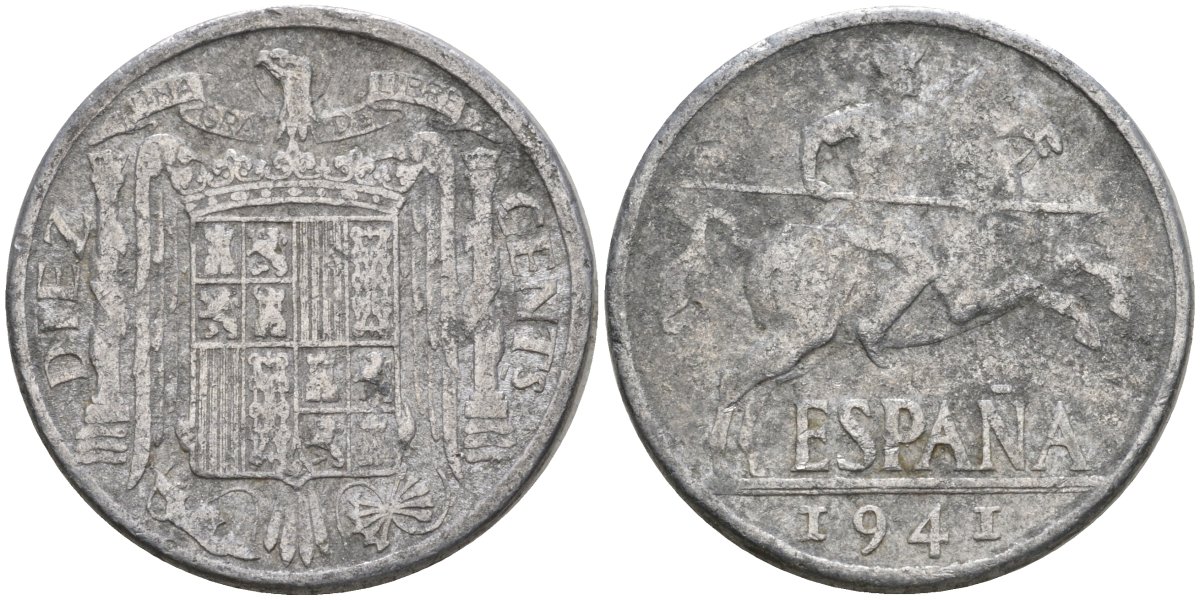 Испания 10 сентимо 1941 Франсиско Франко (1939-1975) KM 766 алюминий 4604-514