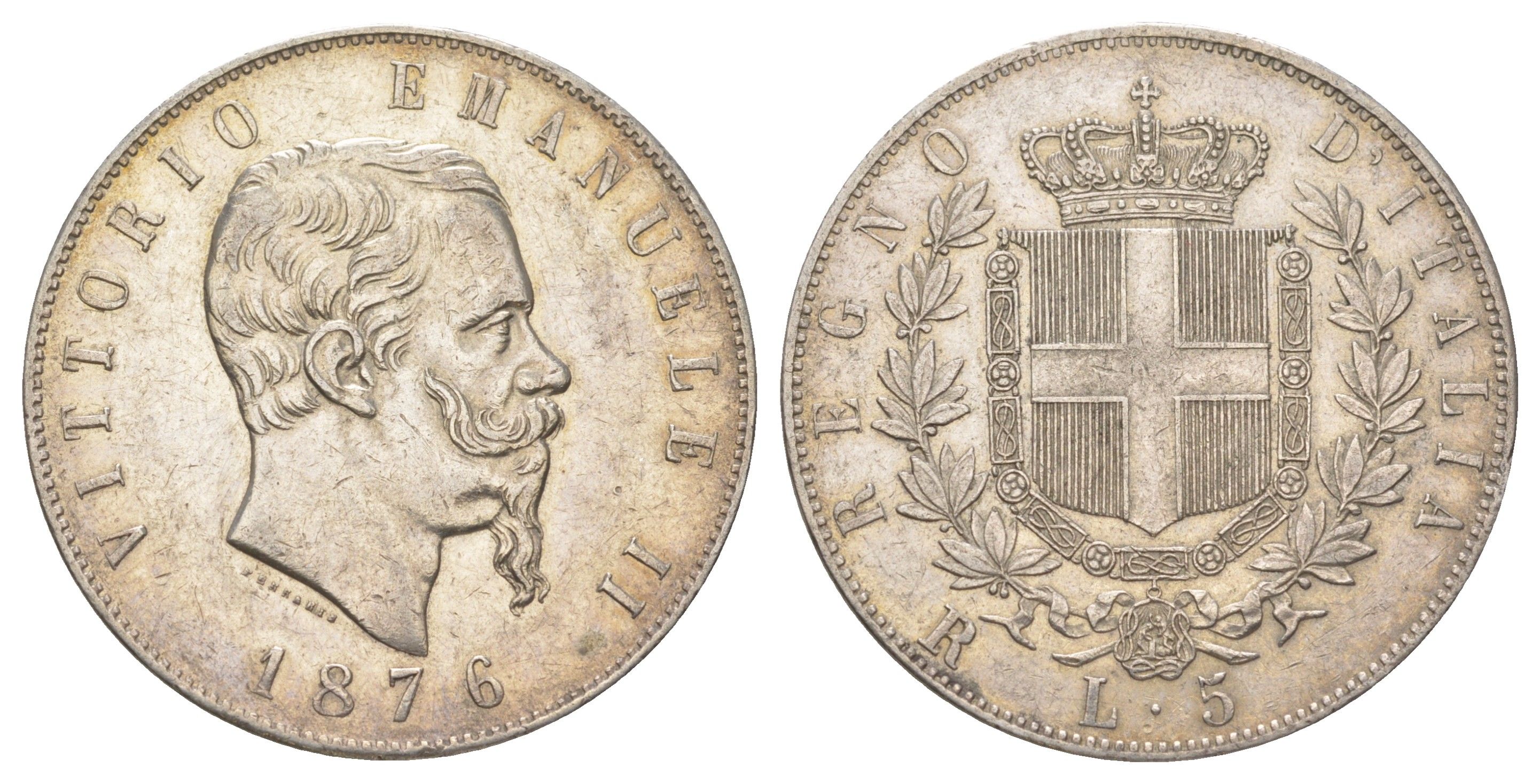 Италия 5 лир 1876 R, Виктор Эммануил II (1861-1878) KM 8.4 серебро 3896-115