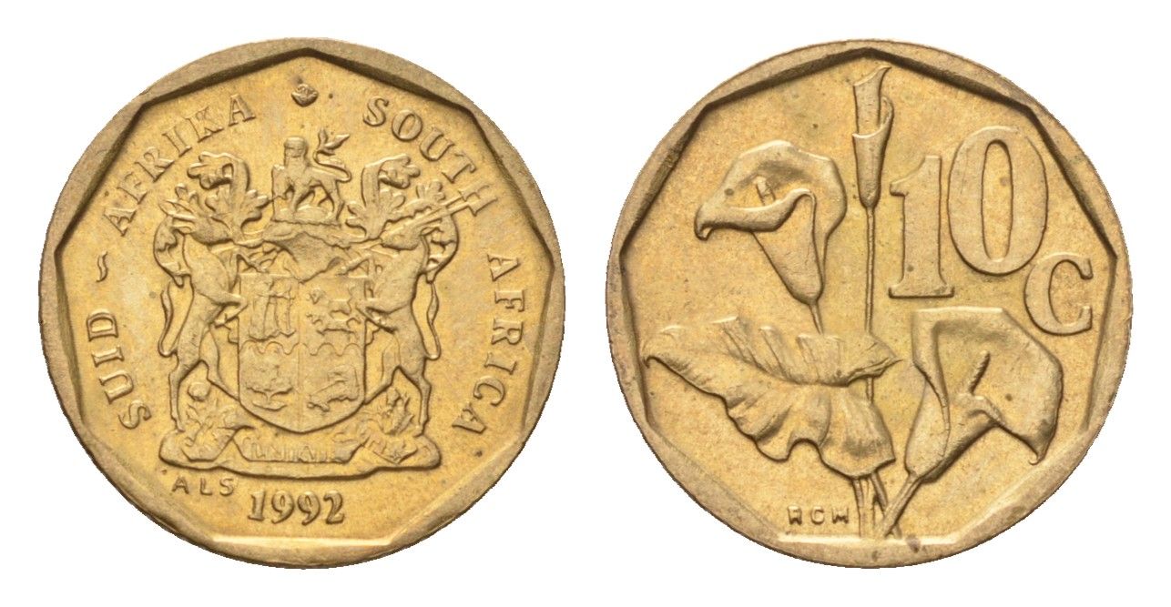 ЮАР 10 центов 1992 герб, цветок алоэ KM 135 сталь плакированная бронзой UNC 4694-649