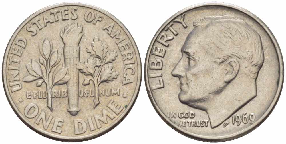 США 10 ЦЕНТОВ = 1 ДАЙМ 1969 РУЗВЕЛЬТ KM 195а медь плакированная медно-никелем 105-652