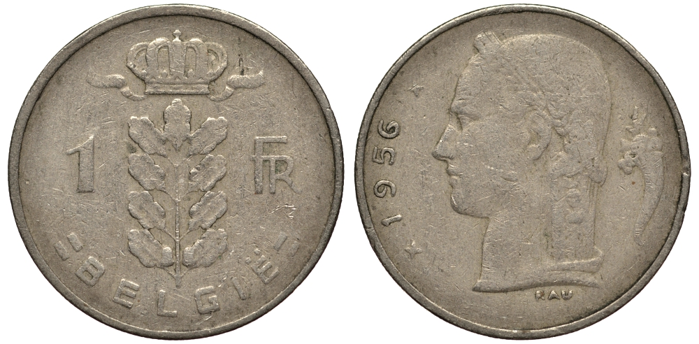 БЕЛЬГИЯ 1 ФРАНК 1956 BELGIE KM 143.1 медно-никель 4182-217