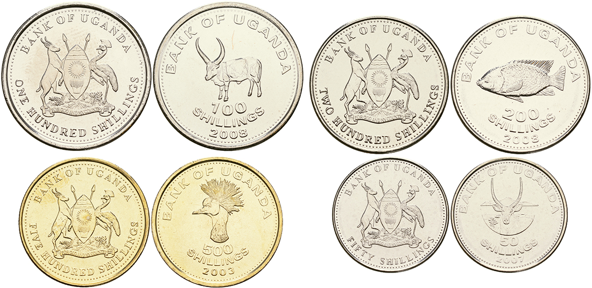 Уганда лот из 4 монет 2003-2008 50, 100, 200, 500 шиллингов, животные UNC N1-36