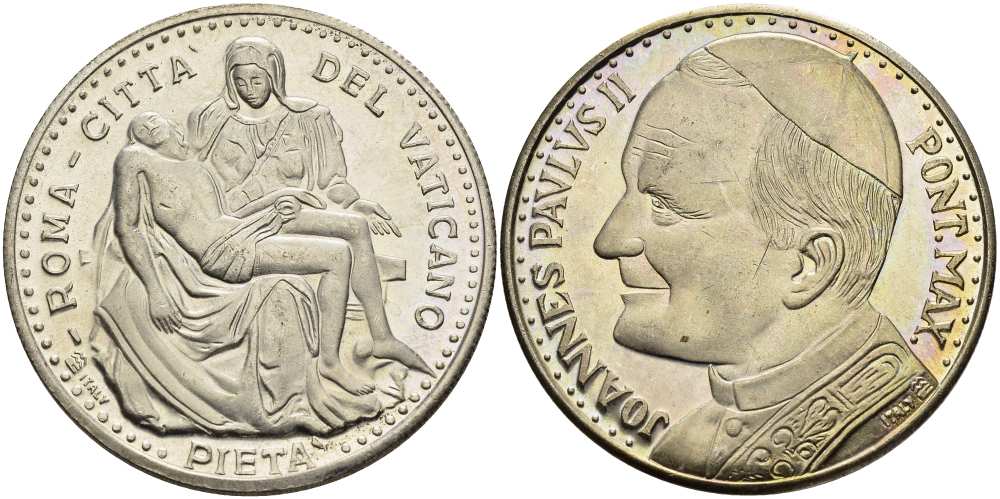 ВАТИКАН МЕДАЛЬ ND ПАПА ИОАНН ПАВЕЛ II, СКУЛЬПТУРА МИКЕЛАНДЖЕЛО LA PIETA, ДИАМЕТР 35 ММ белый металл 118-1221