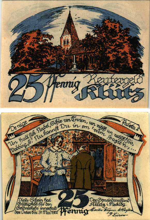 КЛЮЦ 25 ПФЕННИГОВ 1922 НОТГЕЛЬД, 1922 - 31 МАЯ 1922, МЕКЛЕНБУРГ-ПЕРЕДНЯЯ ПОМЕРАНИЯ Grabowski 709.1 бумага 7547-100-1-3