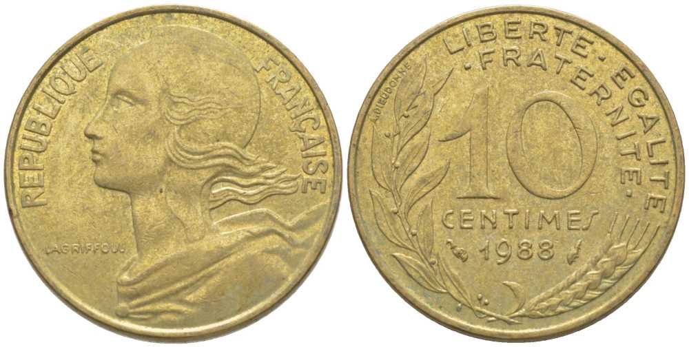 ФРАНЦИЯ 10 САНТИМОВ 1988 ТИП MARIANNE KM 929, LE FRANC 144.28 медь алюминий никель 116-267