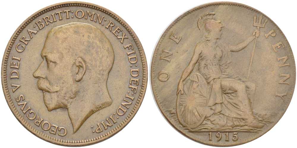 Великобритания 1 пенни 1915 Георг V (1910-1936) KM 810, Spink 4051 бронза 180-115