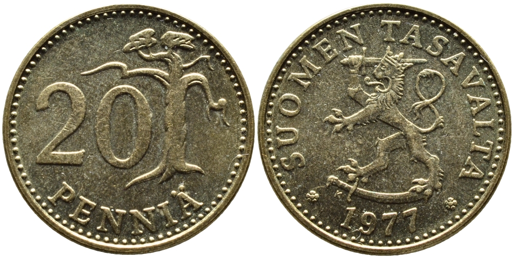 ФИНЛЯНДИЯ 20 ПЕННИ 1977 K KM 47 алюминиевая бронза 46-2633