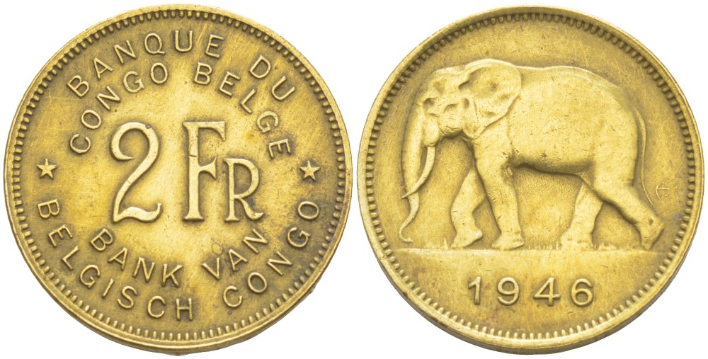 Бельгийское Конго 2 франка 1946 слон KM 28 латунь 4541-1016