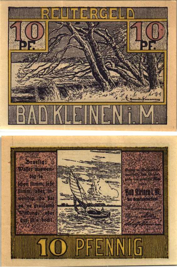 БАД-КЛАЙНЕН 10 ПФЕННИГОВ 1922 НОТГЕЛЬД, 1922 - 31 МАЯ 1922, ЗЕМЛЯ МЕКЛЕНБУРГ-ПЕРЕДНЯЯ ПОМЕРАНИЯ Grabowski 705.1 бумага 6318-44-1-1
