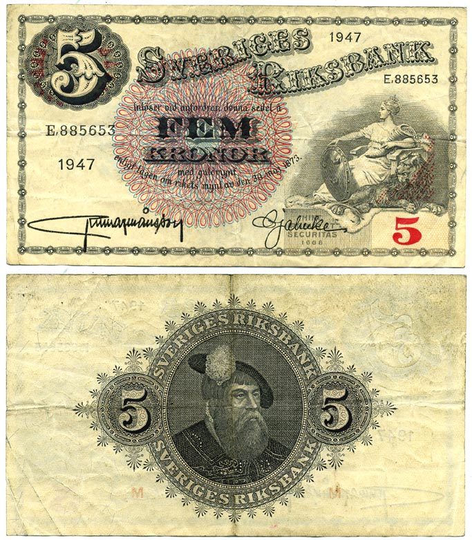 Швеция 5 крон 1947 король Густав I Pick 33ad бумага 444-113-2-1