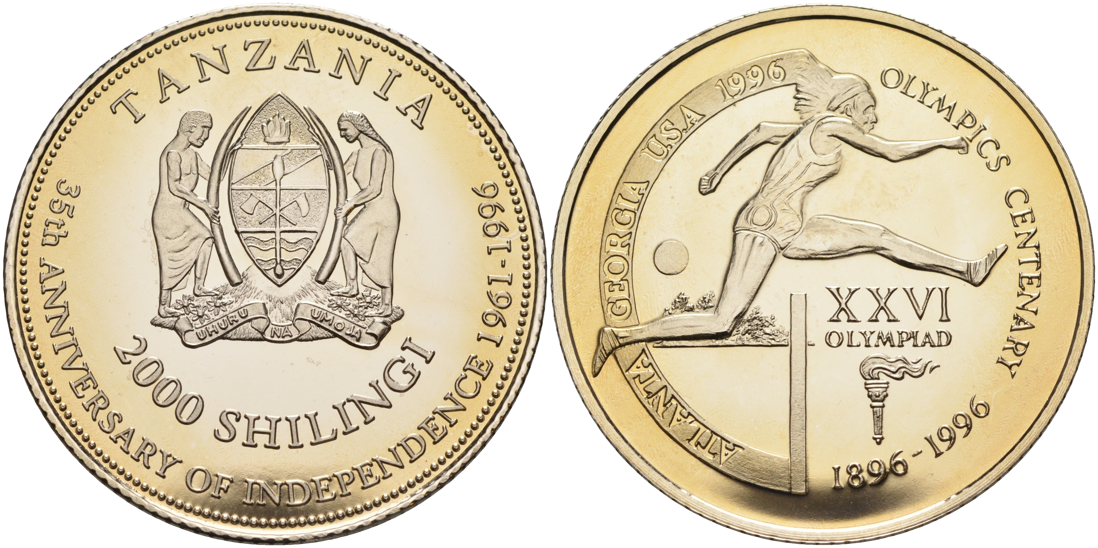 Танзания 2000 шиллингов 1996 XXVI Олимпийские игры 1996 года в Атланте, 100 лет Олимпийскому движению, бег с барьерами, пробник, рубчатый гурт медно-никель PROOF 06-135-42