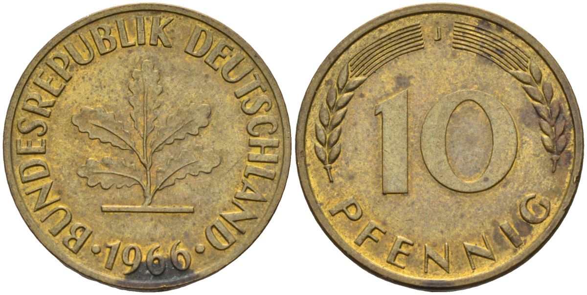 ФРГ 10 пфеннигов 1966 J KM 108 сталь плакированная латунью 4126-532